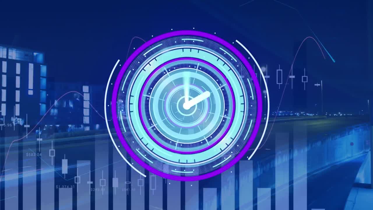 animación de escaneo de alcance con reloj sobre el paisaje urbano