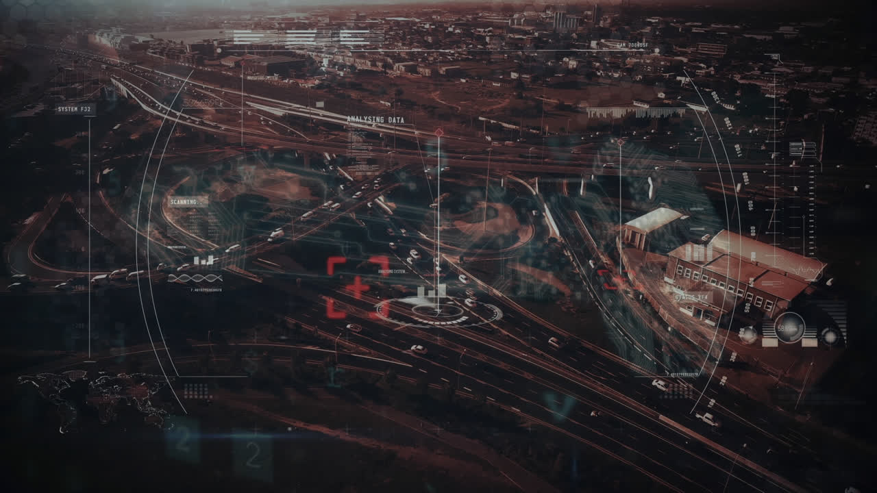 анимация обработки данных и икон безопасности над городским пейзажем