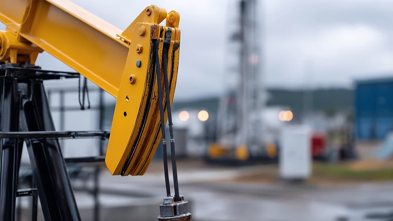 Oljeutvinningsutstyr i fokus: En oversikt over en vippepumpe som arbeider i et industrilandskap, og fremhever mekanismene for oljeproduksjon.
