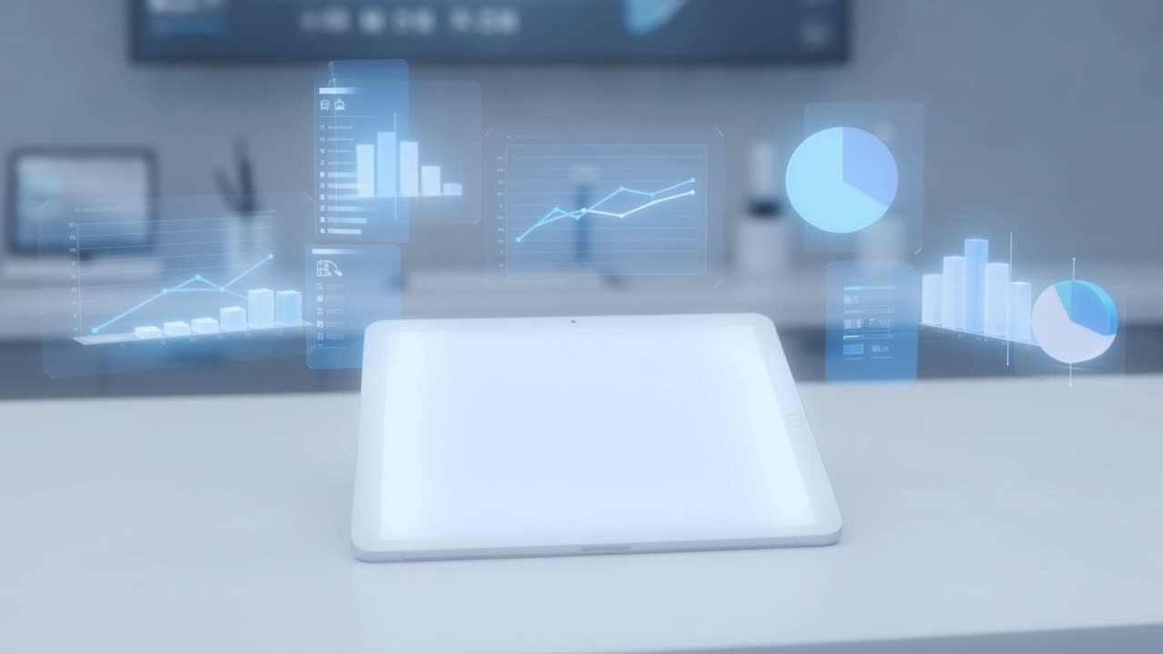 Visualizaciones de datos holográficas apareciendo alrededor de una tableta en una oficina moderna