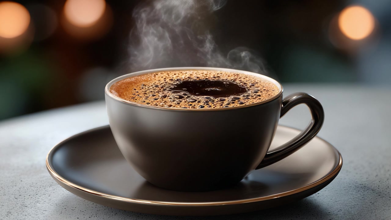 En aromatisk kop kaffe med stigende damp, der indfanger essensen af friskbrygget drik for en hyggelig og indbydende atmosfære i et varmt miljø.