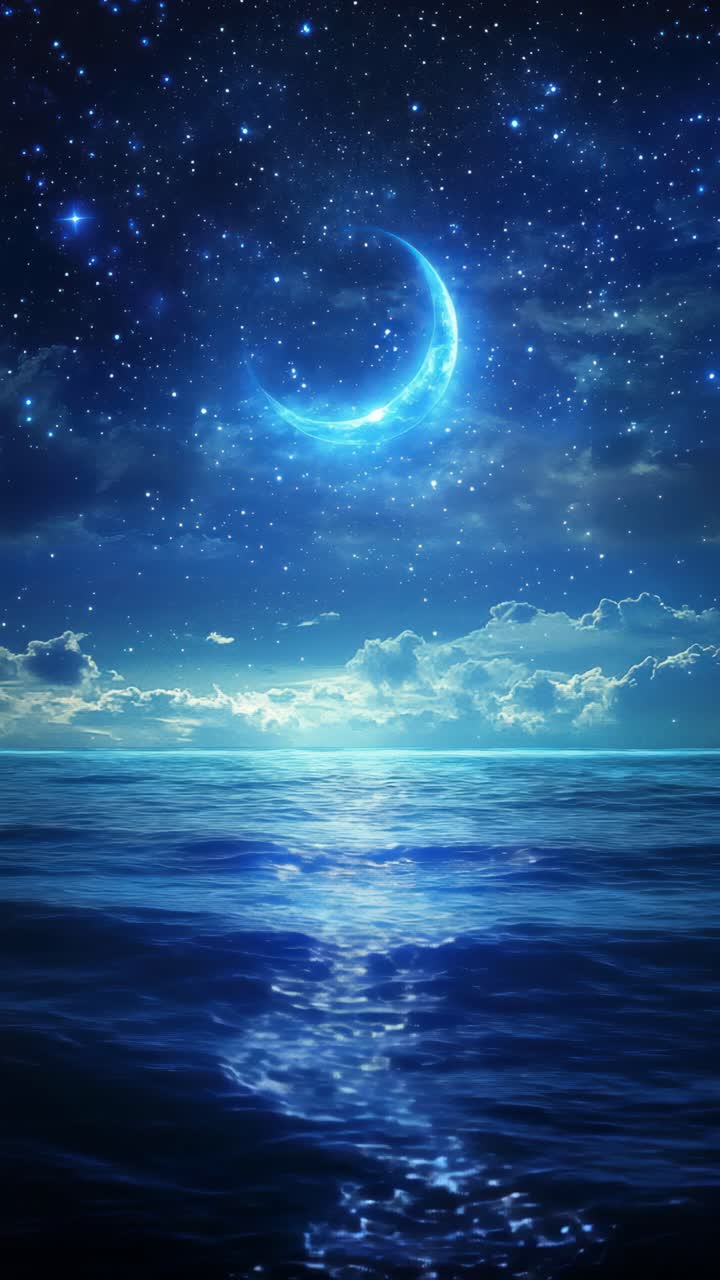 A serene, celestial scene of a crescent moon over a calm ocean. Captured from a low angle, perfect