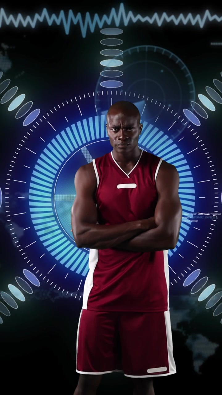 Animazione di giocatore di pallacanestro afroamericano ed elaborazione dati
