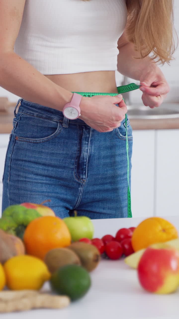 Dieting concept. Young woman measures her belly in the kitchen. Organic fruit and vegetables on the table. Model tries to lose her weight. Healthy diet. Vertical video