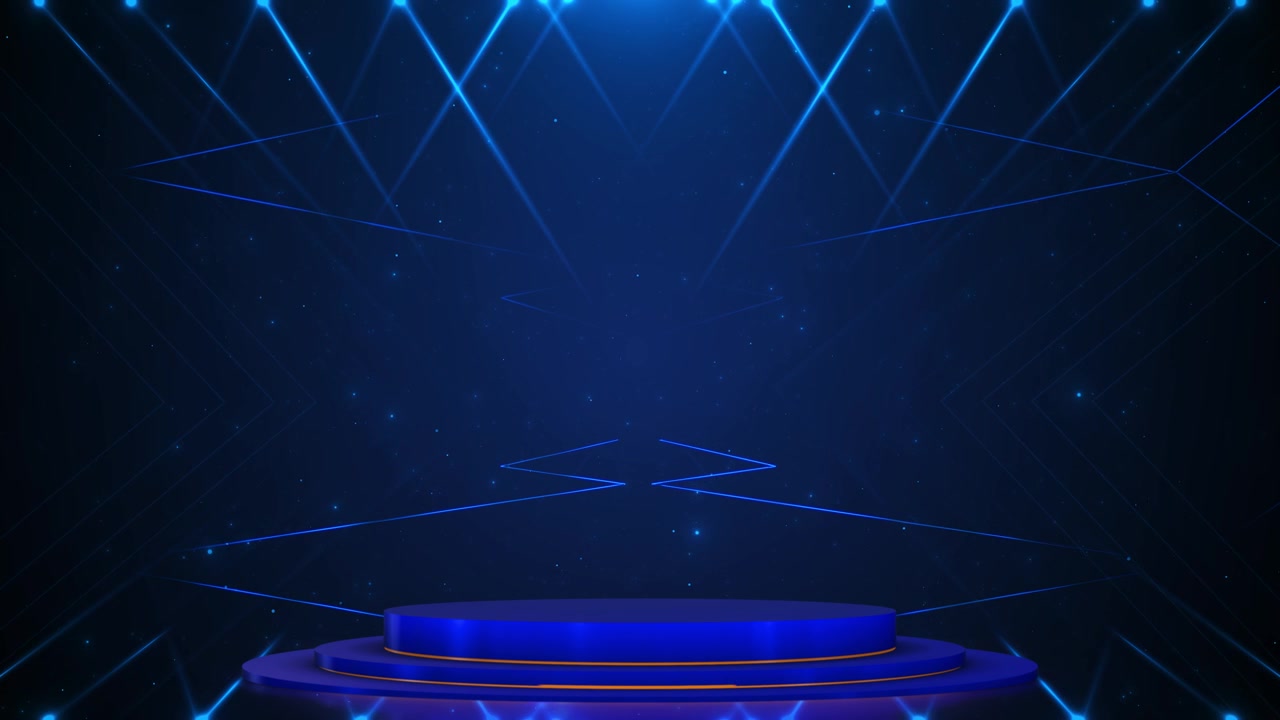 Blå spotlight scenebaggrund, cirkulært podium, laserstråler, stjernepartikler, premium mørk rum prisuddeling