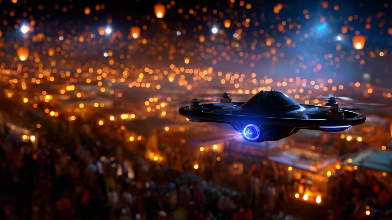 An Awe-Inspiring Drone Glides Over a Vibrant Night Market Filled with Floating Lanterns, Showcasing the Breathtaking Beauty of Illumination and Modern Technology Amidst a Scenic Festival Atmosphere