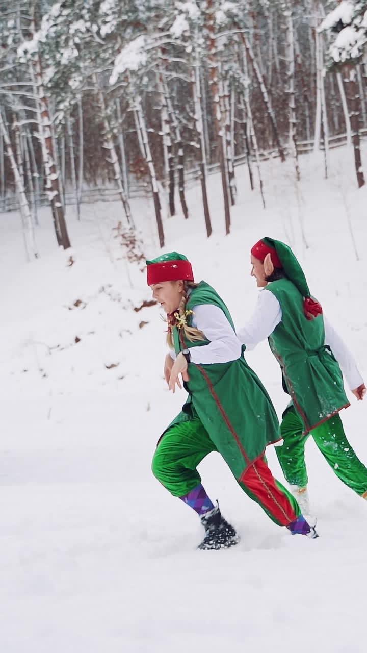 Two fabulous elves in green suits ran into the hut to warm themselves after they had frozen outside. Winter landscape. Slow motion Vertical video