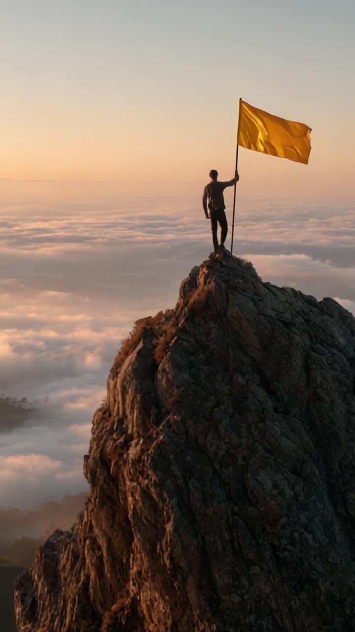 Una figura in piedi in cima a una montagna al tramonto, che regge una bandiera gialla brillante, a simboleggiare successo e avventura sopra le nuvole