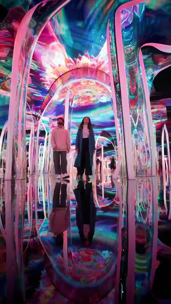 Concept vidéo vibrant avec des néons et des reflets, capturé en contre-plongée