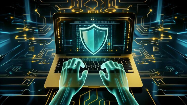 Holographic Hands Typing on Laptop with Cybersecurity Shield Interface
