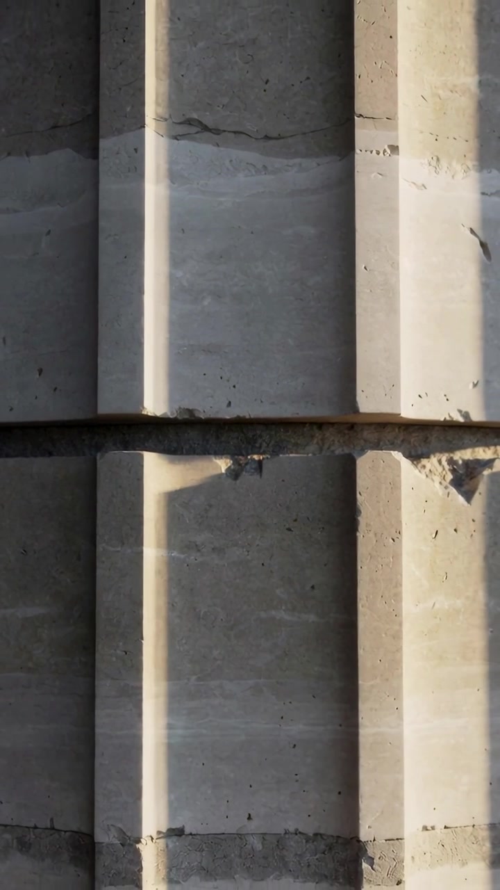 Vertical video: Shifting beam casting box shadow across concrete ribbed wall, showing mortar chips