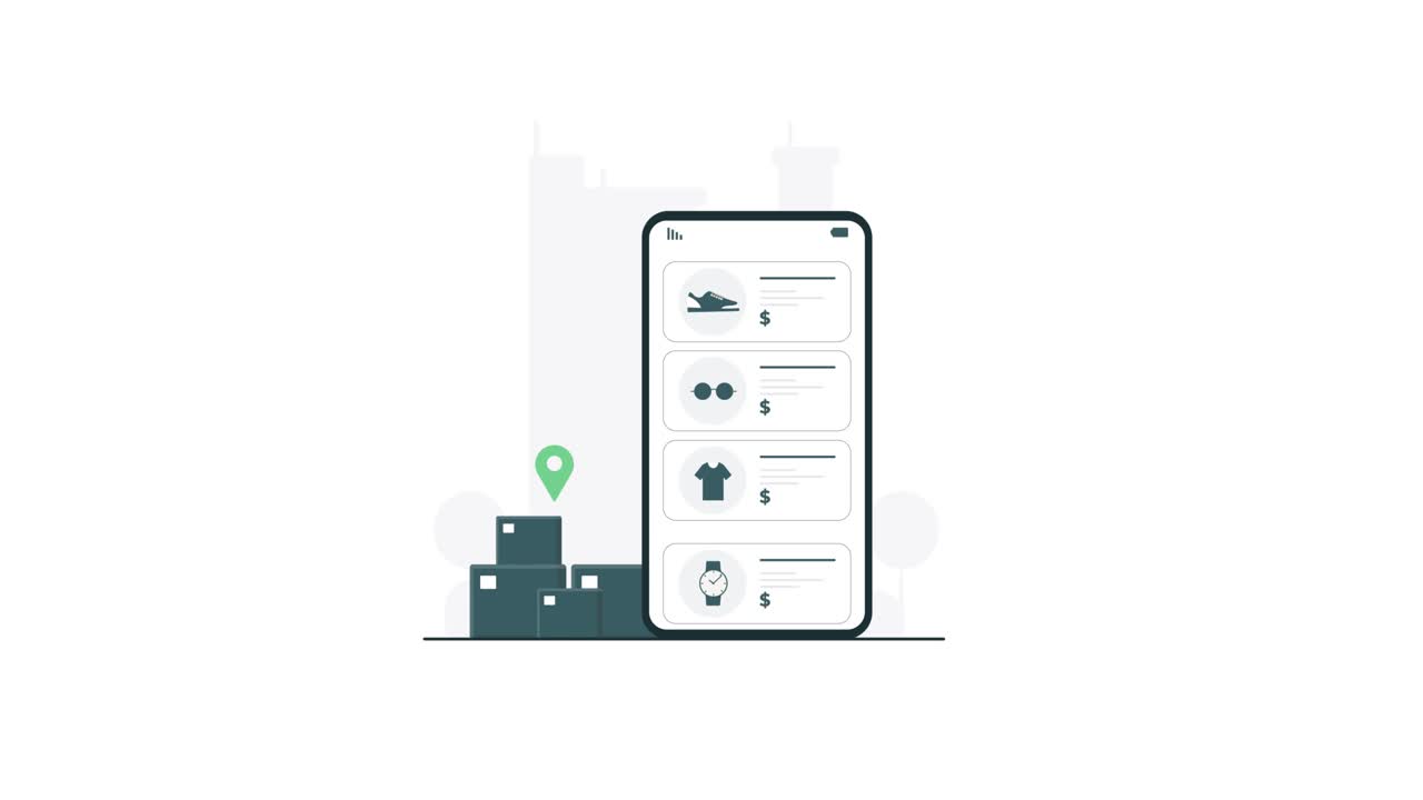 Animated Smartphone Displaying Online Shopping Products and Delivery Boxes