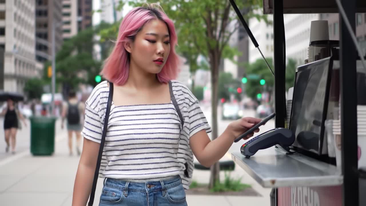 A Young Woman with Pink Hair Walks Along a City Street, Engaging with Technology at a Food Stand, Embodying Urban Lifestyle and Modern Convenience