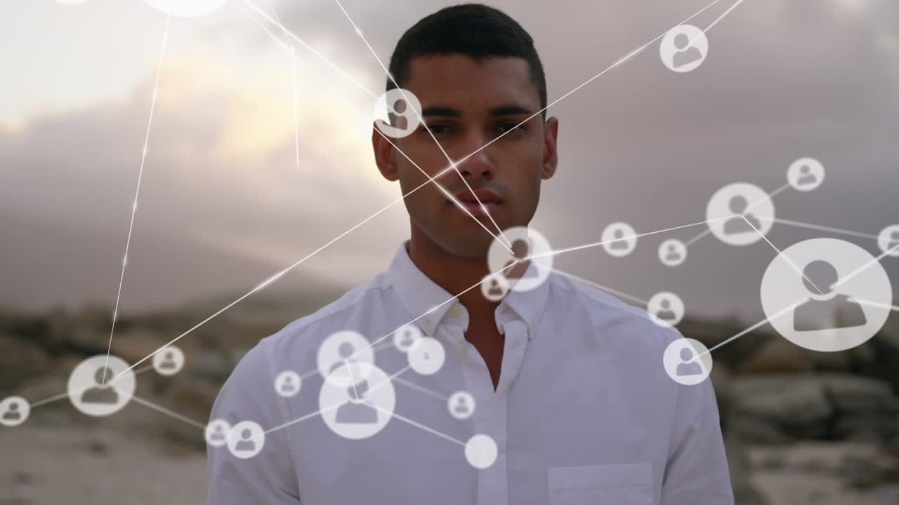 animación de la red de conexiones sobre el hombre en la playa