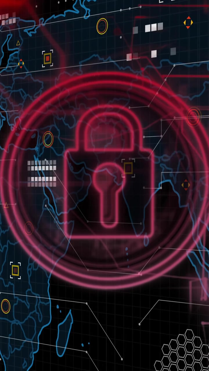 Animazione di icona lucchetto e cybersecurity su mappa del mondo con punti dati.