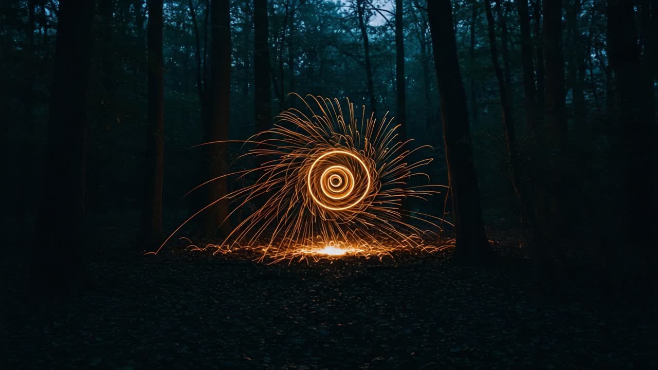 A Mesmerizing Display of Sparkling Light Trails and Glowing Patterns in a Serene Forest Environment Captured During Twilight Hours