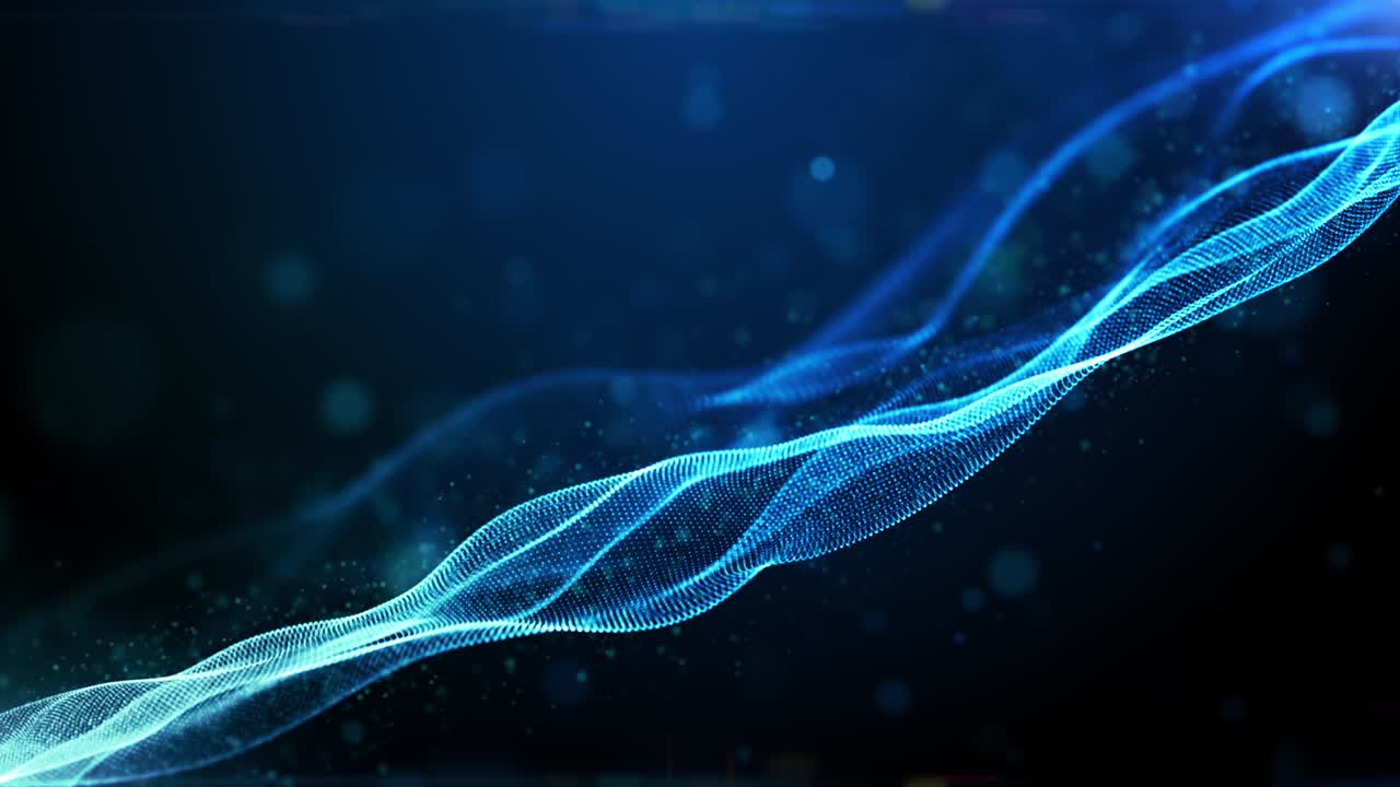 디지털 입자 파란색 파동 흐름과 보케와 함께 불빛, 기술 사이버 공간 디지털 연결 추상적인 배경 개념.