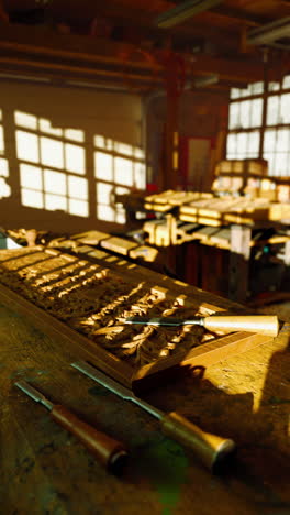 intricate wood carving in a sunlit workshop