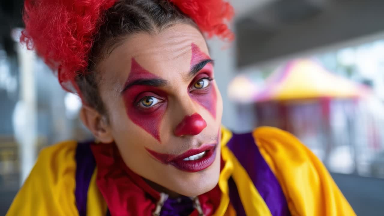 Un primo piano drammatico di un clown colorato con un trucco appariscente e espressioni audaci che cattura un pubblico durante un evento festivo o in un'atmosfera da carnevale