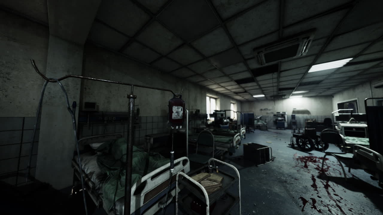 Abandoned hospital ward with scattered medical equipment and dim lighting