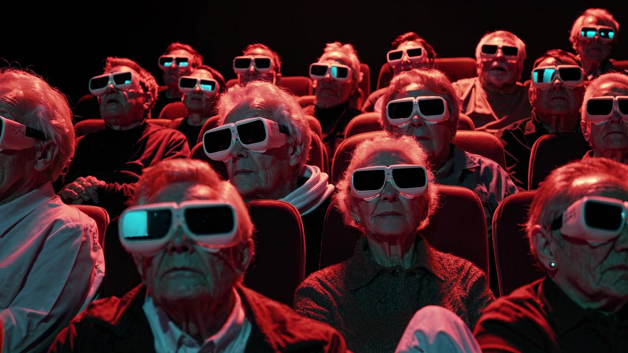 Elderly Audience Wearing VR Headsets in a Dark Cinema