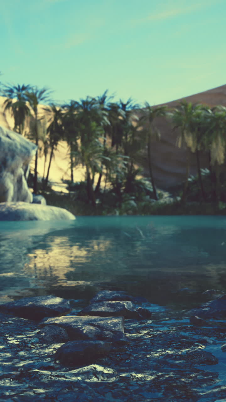 un oasis desértico con palmeras y agua azul