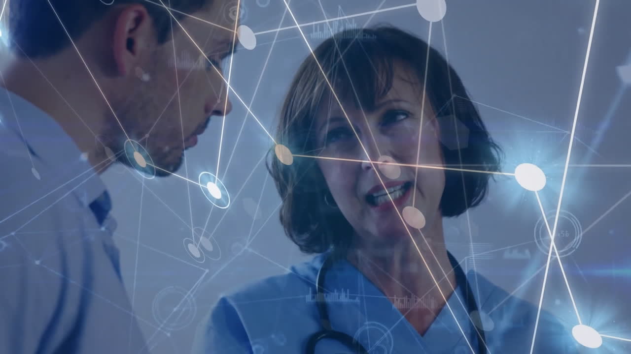 남성 환자와 백인 여성 의사에 대한 아이콘과 연결 네트워크의 애니메이션