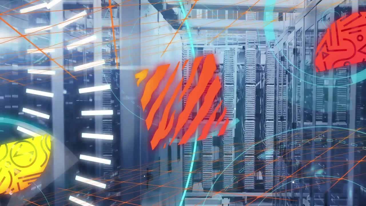 animación de formas y texto 5g sobre la sala del servidor