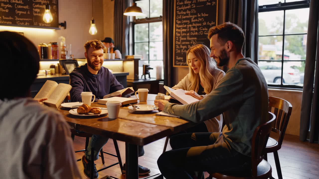 Amigos estudando juntos num aconchegante café