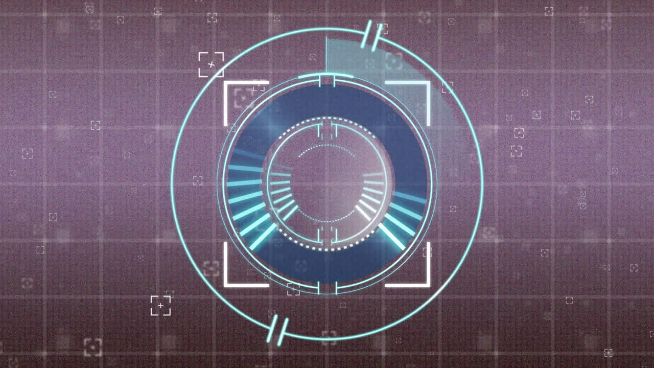 그리드 배경에 데이터 처리 요소와 함께 미래의 원형 애니메이션