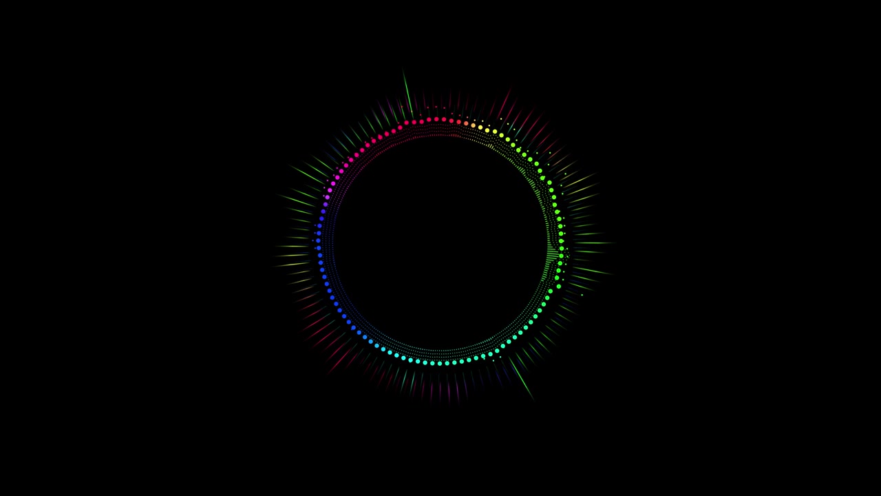 Neon music spectrum circle visual with multicolor radial bars glowing dotted ring and black center