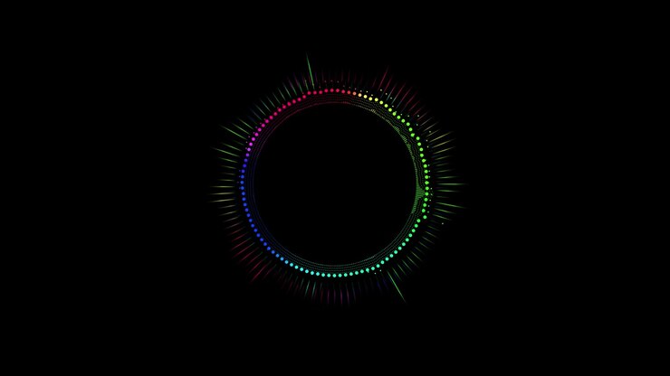 Neon music spectrum circle visual with multicolor radial bars glowing dotted ring and black center
