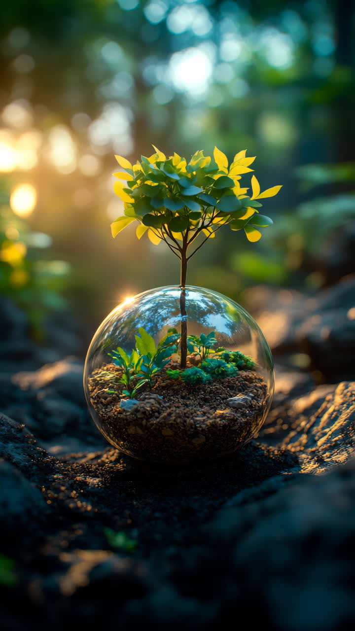 Sunlight on a glass terrarium. A glass terrarium holds a young tree and lush greenery, illuminated by gentle sunlight in a serene forest setting.