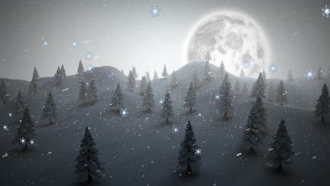 animation of snowflakes falling over trees on winter landscape against moon in the night sky