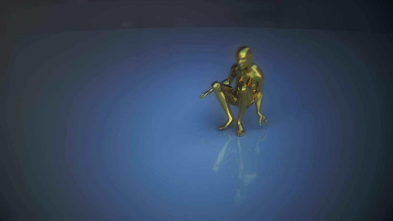 황금색의 인간 형태가 춤을 추고 공기가 떨어집니다.