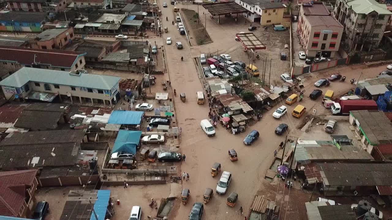 Drone view of unpaved road in Lagos Nigeria.