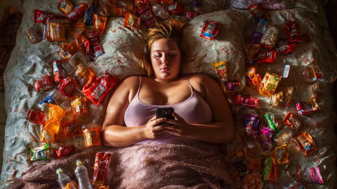 A Moment of Indulgence: A Young Woman Surrounded by Snacks and Treats, Capturing a Candid Glimpse into Modern Comforts and Digital Connectivity in a Cozy Bedroom Setting