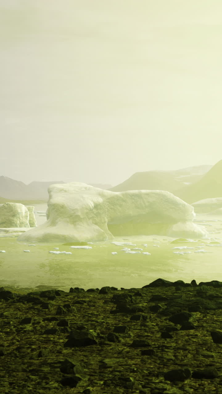 Majestic glaciers rise against the horizon bathed in soft golden light