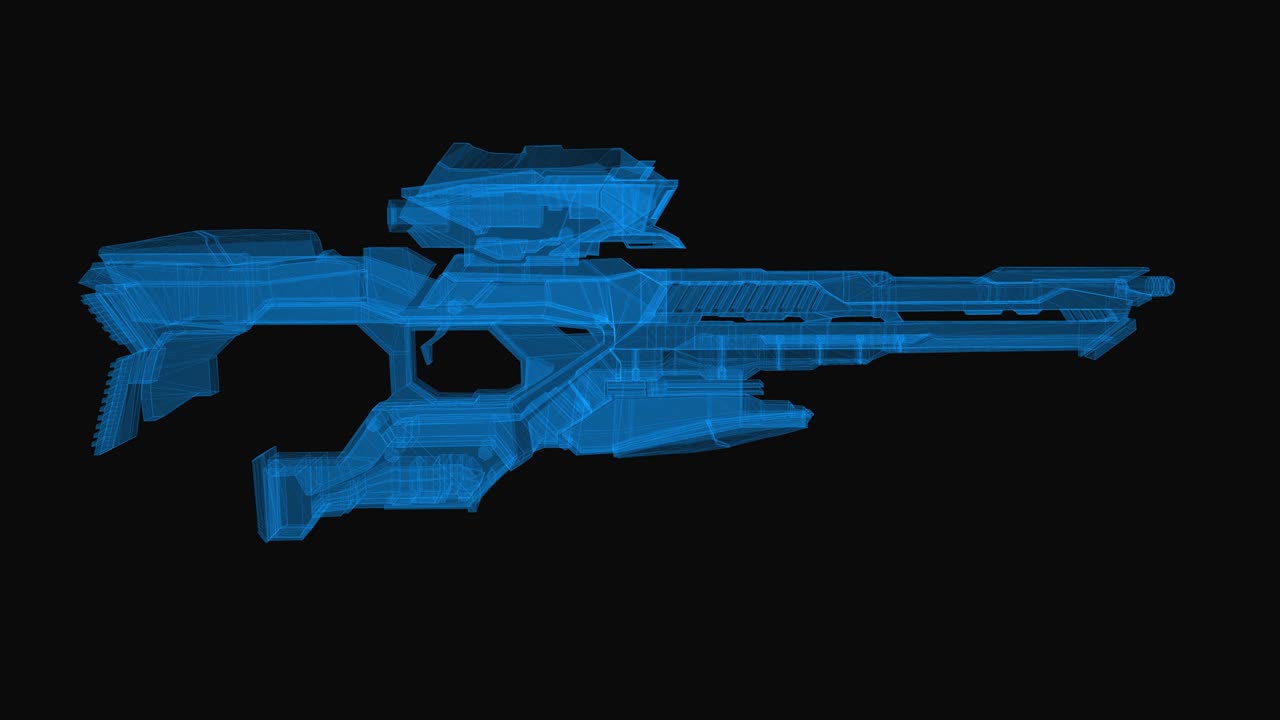 Arma futurista cibernética de ficção científica, esquema de wireframe. Renderização 3D com linhas de grade azuis. Rotação em loop em fundo preto.