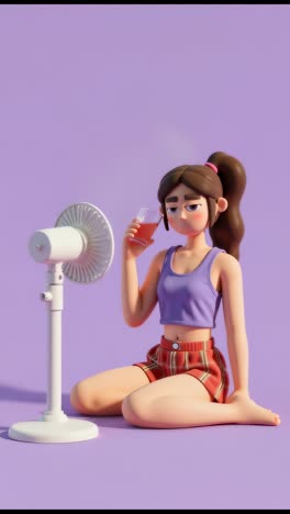 cartoon girl cooling off with a fan and a drink