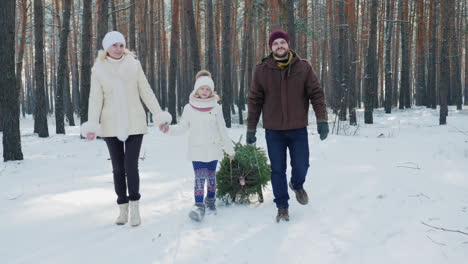 a married couple with a child walks through a snow-covered forest a girl is dragging a sled with a c