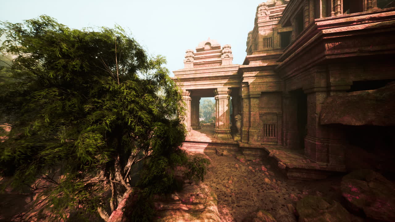 Secluded cliffside sanctuary featuring weathered arch and vibrant light displays