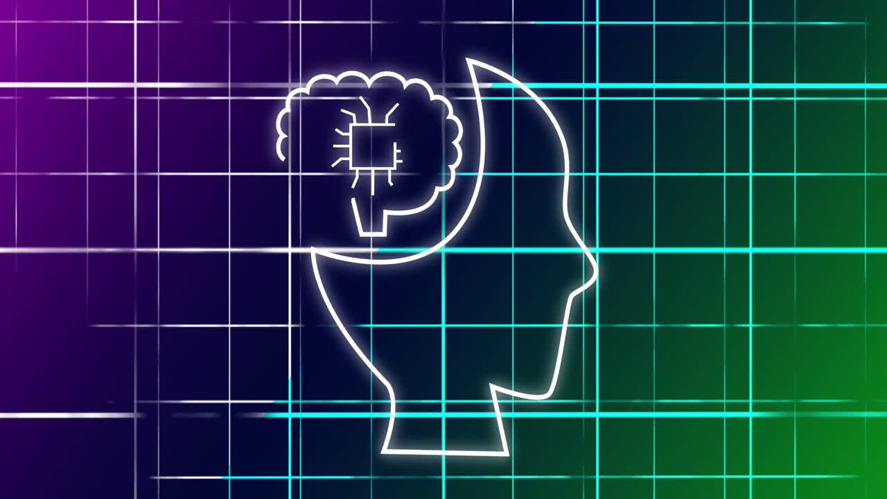 Animation of digital head with brain and ai text over binary coding