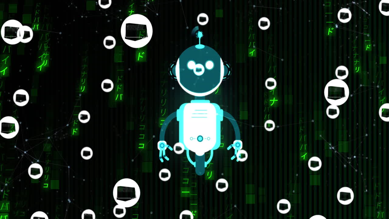 Animation of ai chat bot and icons over binary coding on black background