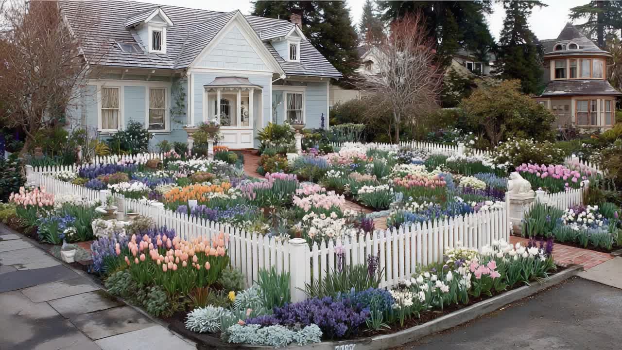 Een prachtig onderhouden tuin staat vol met verschillende bloemen rondom een charmant vintage huis, waardoor een pittoreske en uitnodigende sfeer ontstaat