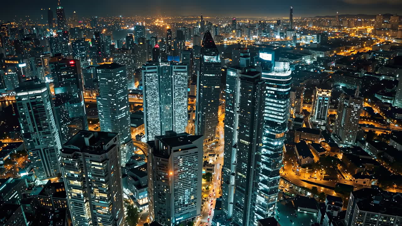 Stunning Night Cityscape with Illuminated Skyscrapers and Urban Lights