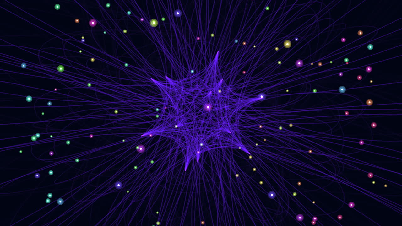 Filmato Astratto Futuristico di una Rete Digitale con Particelle Multicolori Luminose Connesse da Linee Viola Dinamiche su uno Sfondo Scuro, che Evoca il Flusso di Dati, le Reti Neurali e la Tecnologia Quantistica