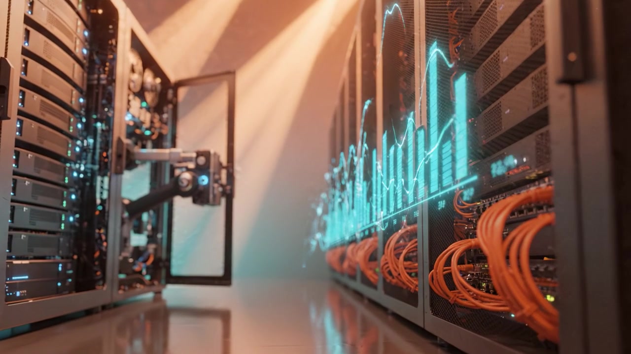 State-of-the-Art Data Center Featuring Advanced Server Racks and High-Tech Network Infrastructure with Illuminated Cables and Dynamic Graphical Displays