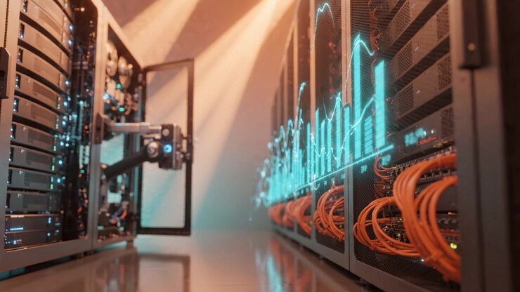State-of-the-Art Data Center Featuring Advanced Server Racks and High-Tech Network Infrastructure with Illuminated Cables and Dynamic Graphical Displays