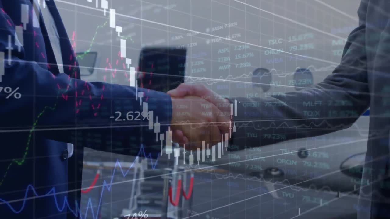 ビジネスマンの握手による金融データ処理のアニメーション